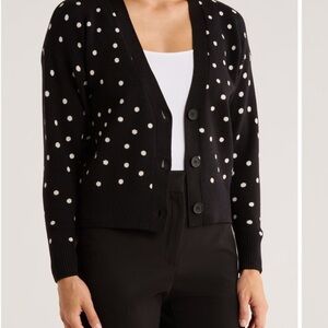 NEW - Tahari Black Cardigan with White Dots